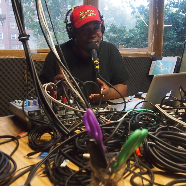 Radio host at Thomas Hirschhorn's "Gramsci Monument," Bronx, NY